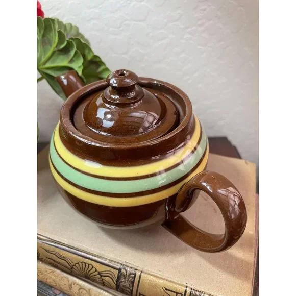 Vintage ALB Pottery Brown Betty Individual TEAPOT Yellow Green Stripes Made in E - Picture 6 of 7
